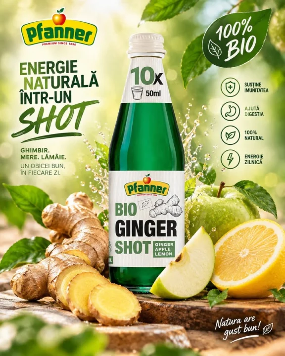 Pfanner BIO Ginger Shot combină gustul intens al ghimbirului cu măr și lămâie, într-un mix…