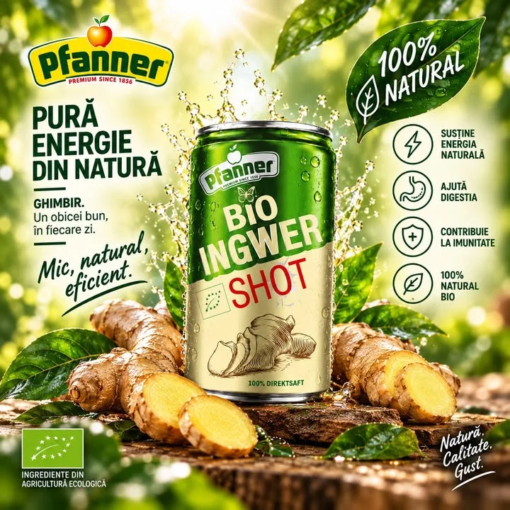 Pfanner BIO Ingwer Shot pune ghimbirul în centrul unei experiențe intense și naturale, înt…